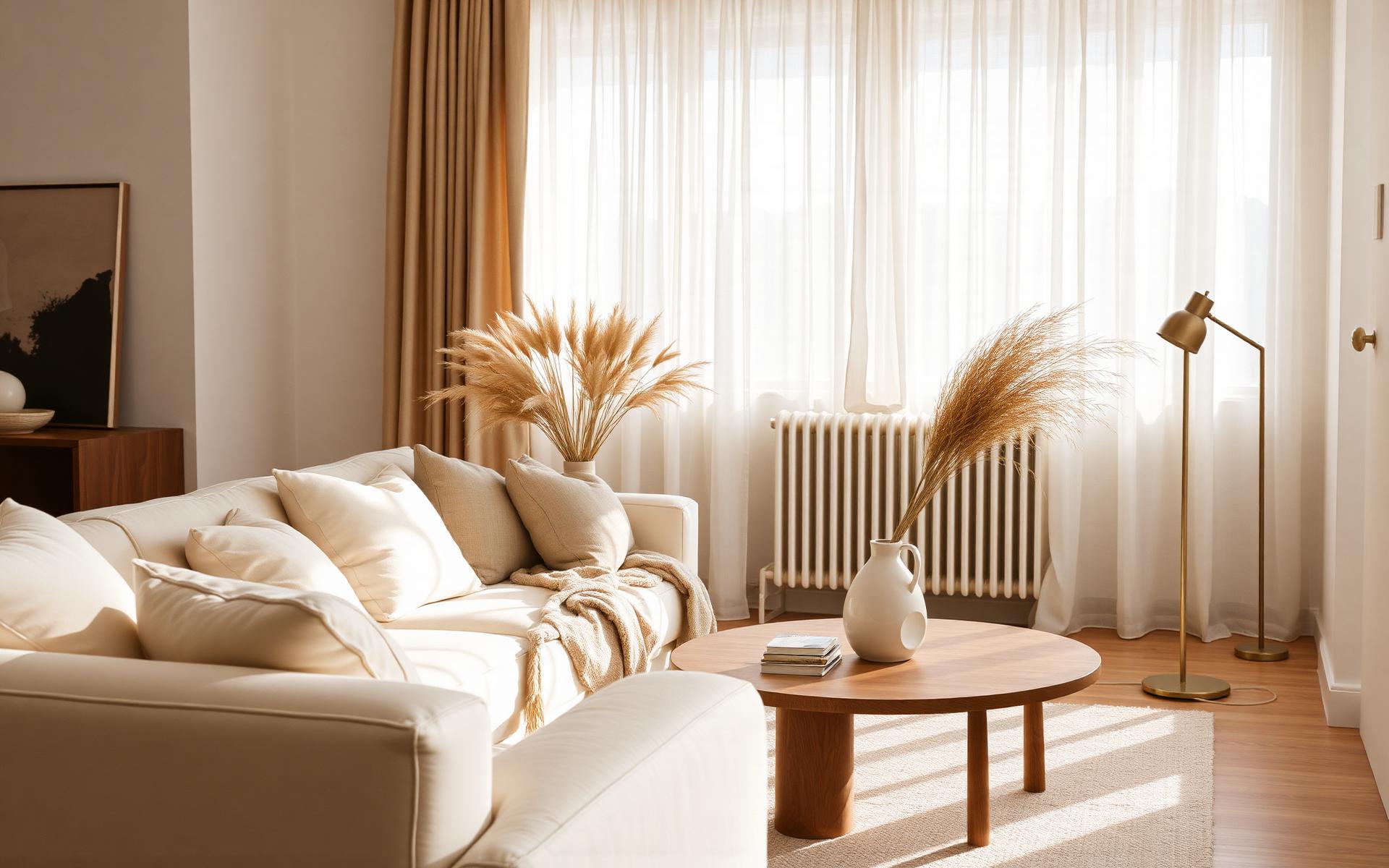 Sun-lit modern living room with cream sofa, dried pampas grass, oak coffee table and warm brass floor lamp